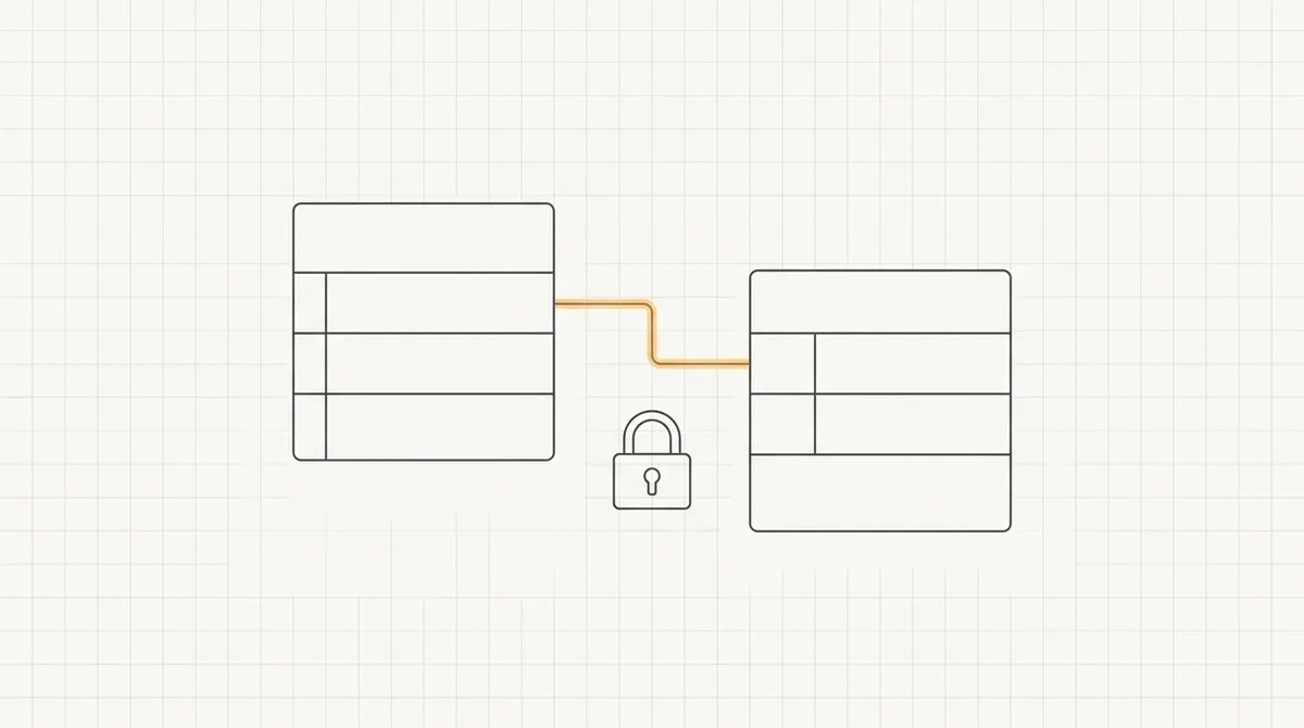 Line drawing of two database tables connected by a highlighted join line with a lock icon nearby