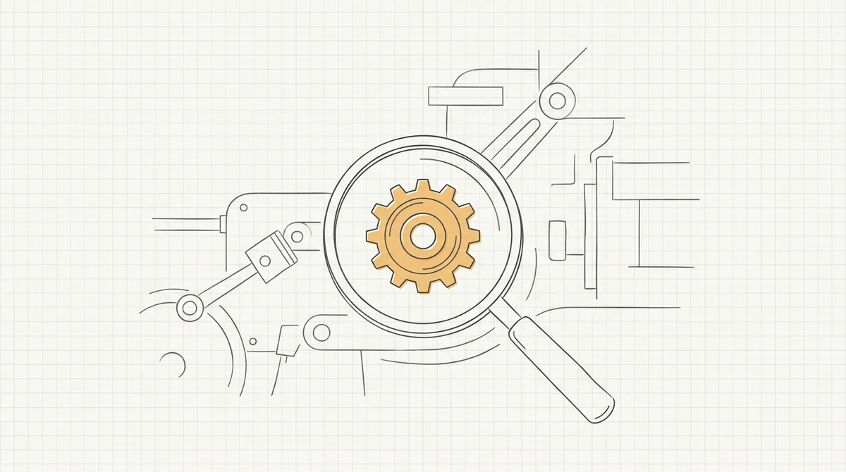 Line drawing of a magnifying glass hovering over a single gear inside a larger machine