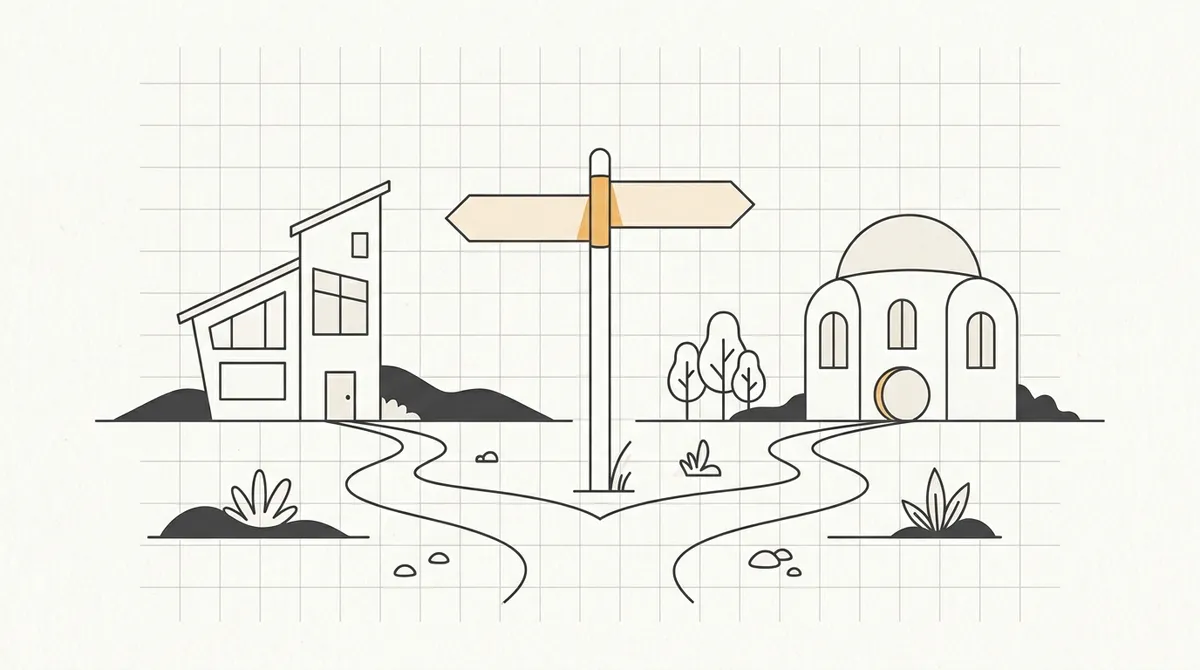 Line drawing of two paths branching from one signpost toward different-shaped buildings