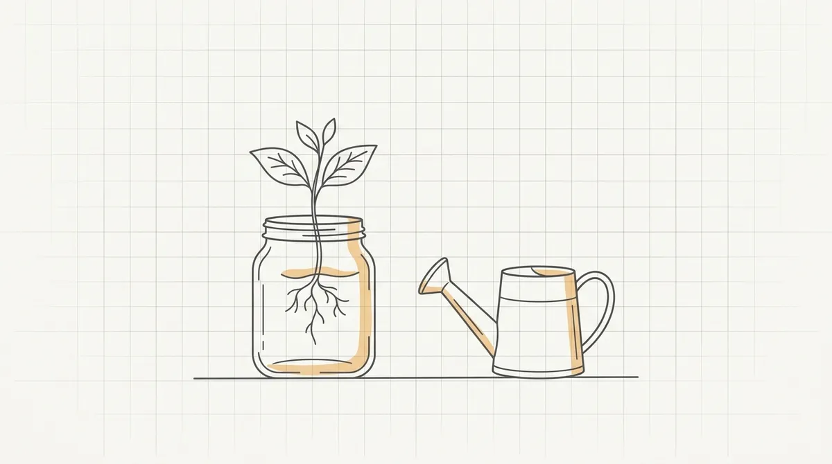Line drawing of a seedling growing inside a glass jar next to a small watering can