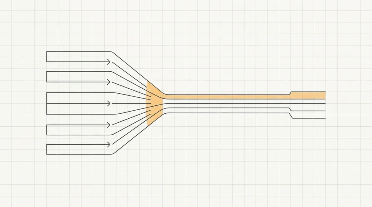 Line drawing of a five-lane hiring funnel collapsing into three connected lanes