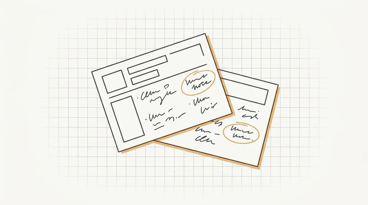 Line drawing of two interview scorecards with overlapping handwritten notes circled