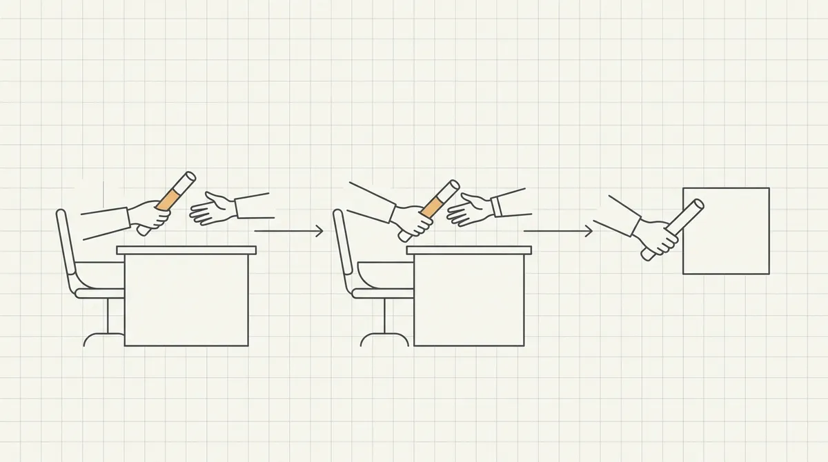 Line drawing of a relay baton passing between three interview stages in sequence